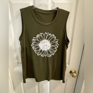 Olive Green Sleeveless Top with Floral Design